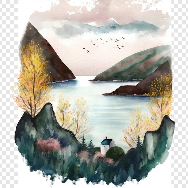 PSD un dibujo de un lago con un pájaro volando por encima de él