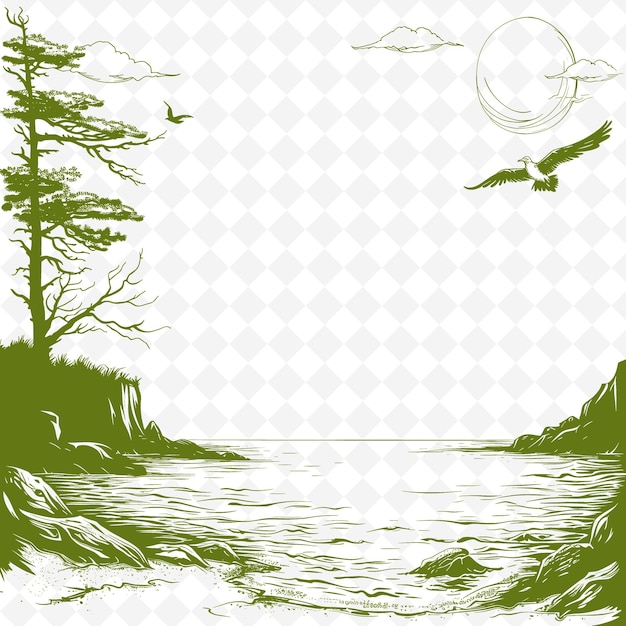 Un dibujo de un lago con un pájaro volando sobre él