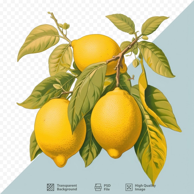 PSD un dibujo de limones y hojas con las palabras limones.