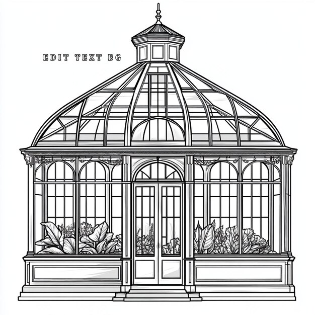 Dibujo de línea de un invernadero de vidrio octogonal con plantas en el interior