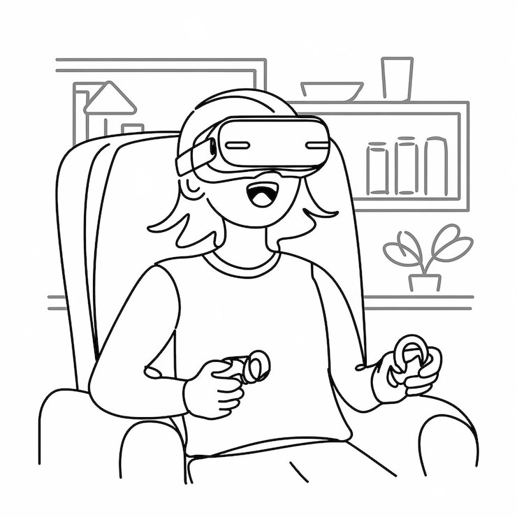 PSD dibujo de una línea de una niña que se siente emocionada usando gafas de realidad virtual y vr