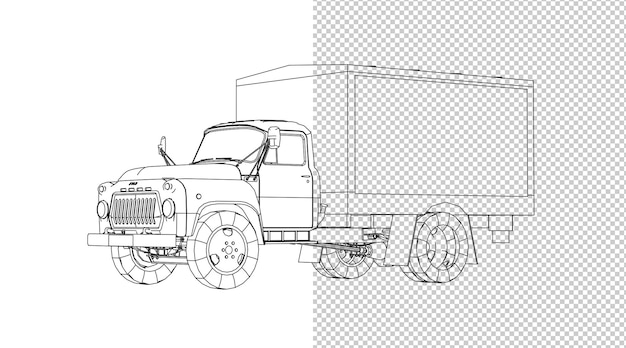 Dibujo a mano de camión y boceto en blanco y negro.