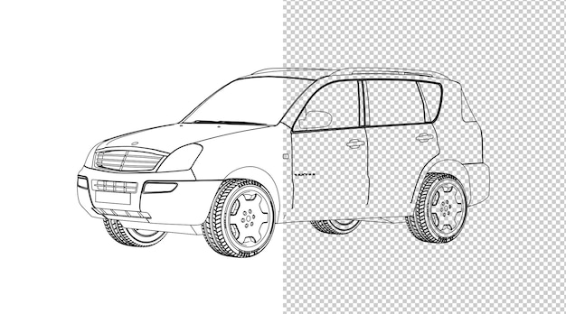 PSD dibujo a mano de coche y boceto en blanco y negro.