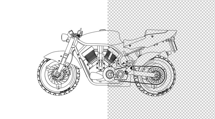 PSD dibujo a mano motor y boceto en blanco y negro.