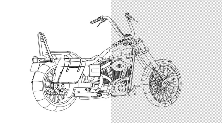 PSD dibujo a mano motor y boceto en blanco y negro.