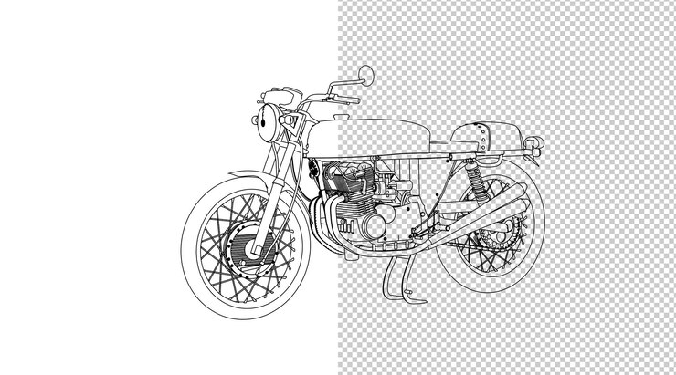 PSD dibujo a mano motor y boceto en blanco y negro.