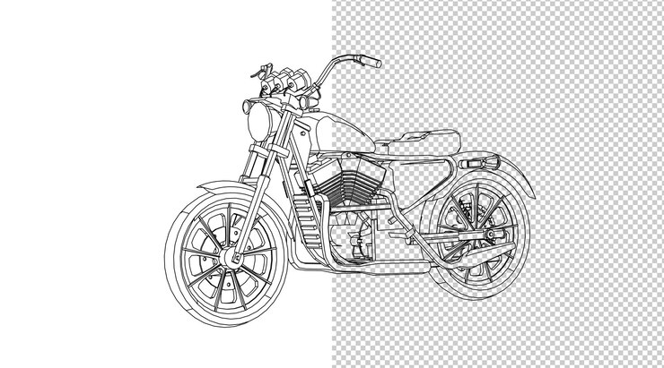 PSD dibujo a mano motor y boceto en blanco y negro.