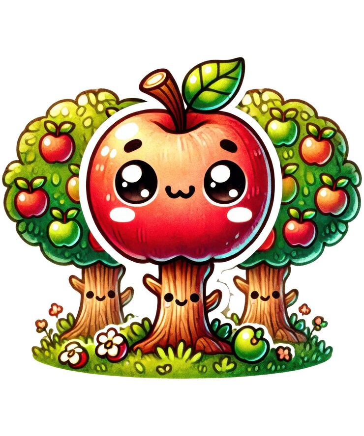 PSD un dibujo de una manzana con una cara y las palabras "manzana feliz"