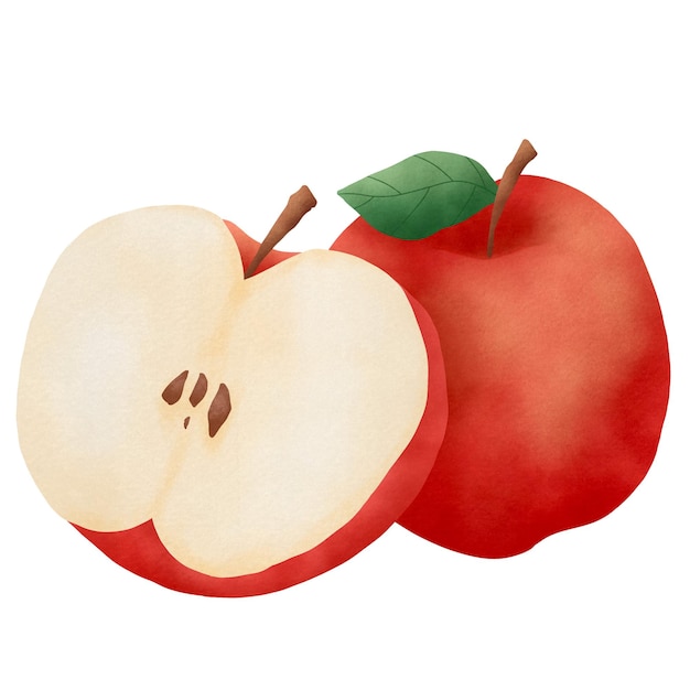 un dibujo de una manzana roja con una hoja verde en ella