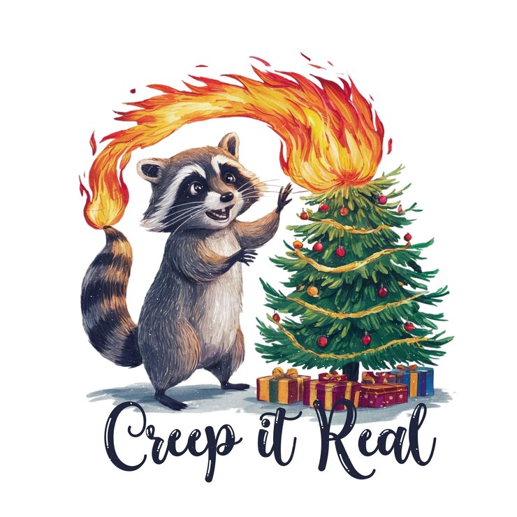 PSD un dibujo de un mapaches de navidad con una bola de fuego que dice mapaches desaliñados