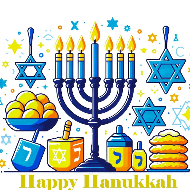 PSD un dibujo de una menorá con las palabras feliz hanukkah en él
