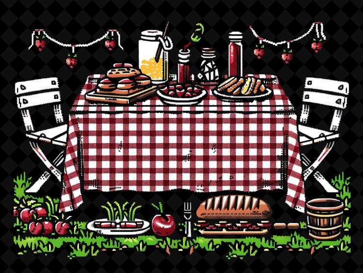 PSD un dibujo de una mesa con un mantel y un mantel con comida en él