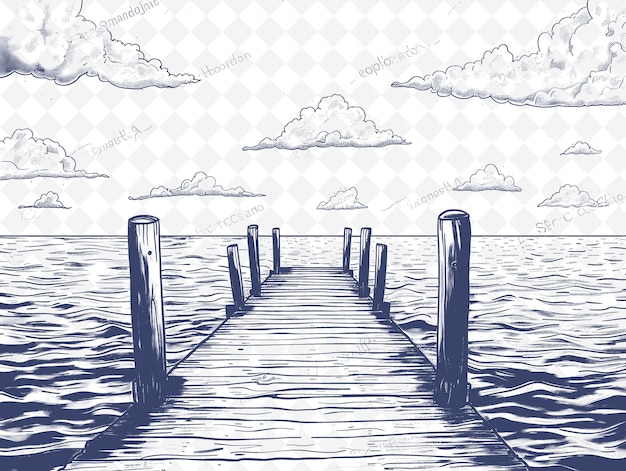 Un dibujo de un muelle con un cielo y nubes