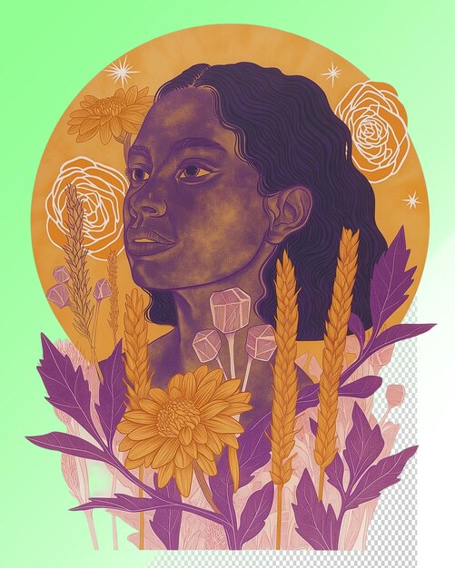 Un dibujo de una mujer con flores y un fondo amarillo