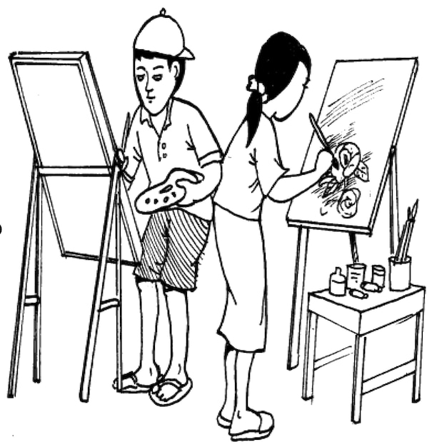 un dibujo de una niña y un niño frente a una pintura