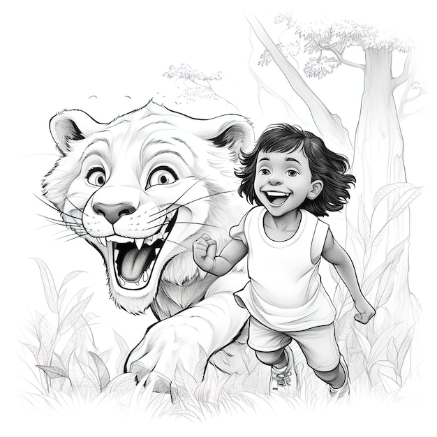 Un dibujo de una niña y un tigre con un tigre en la espalda.