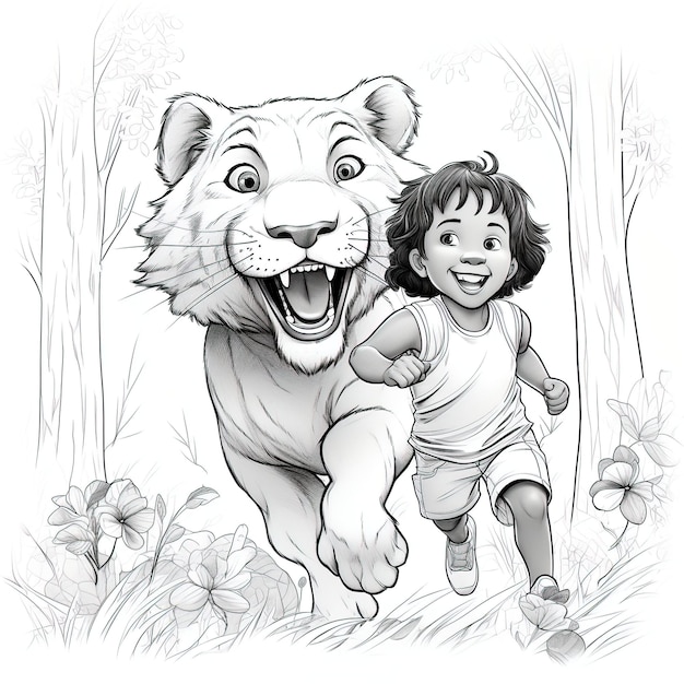 PSD un dibujo de un niño corriendo con un tigre y un tigre.