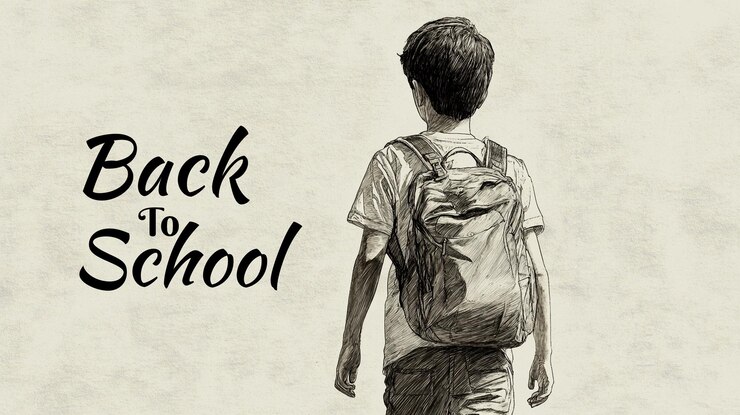 PSD un dibujo de un niño con una mochila que dice "escuela"
