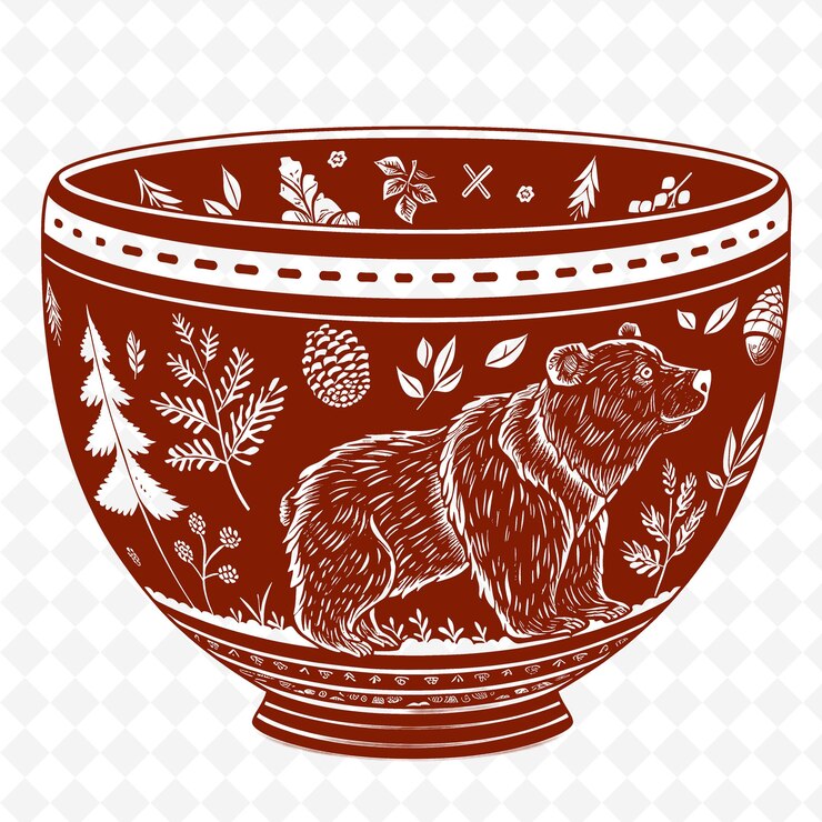PSD un dibujo de un oso en un cuenco con pinos en el fondo
