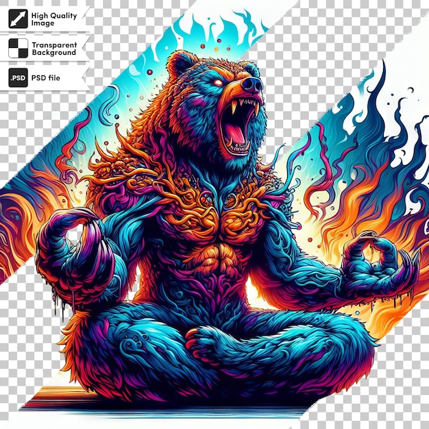 Un dibujo de un oso con un fuego en el fondo