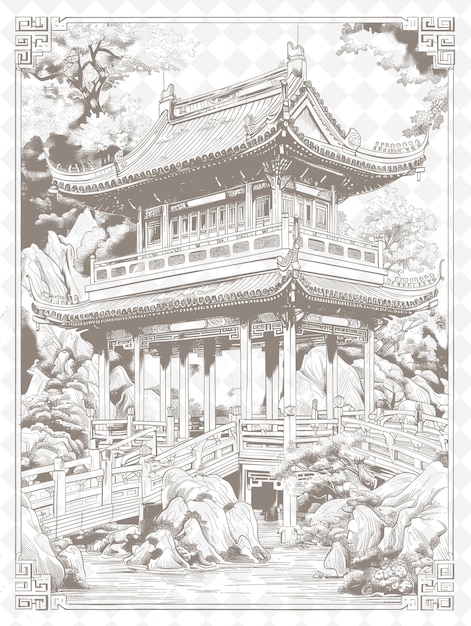 PSD un dibujo de una pagoda en china con un árbol en el fondo