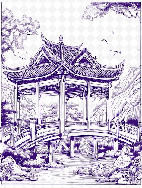 PSD un dibujo de una pagoda con un pájaro volando en el cielo