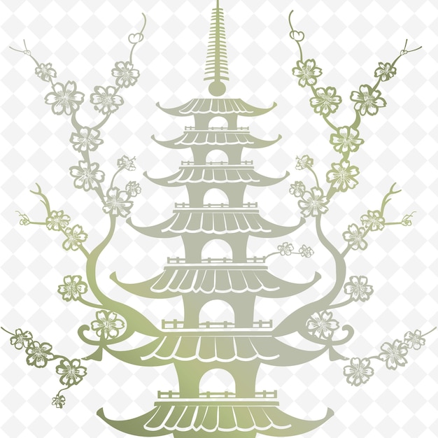 PSD un dibujo de una pagoda con un patrón de flores y una pagoda