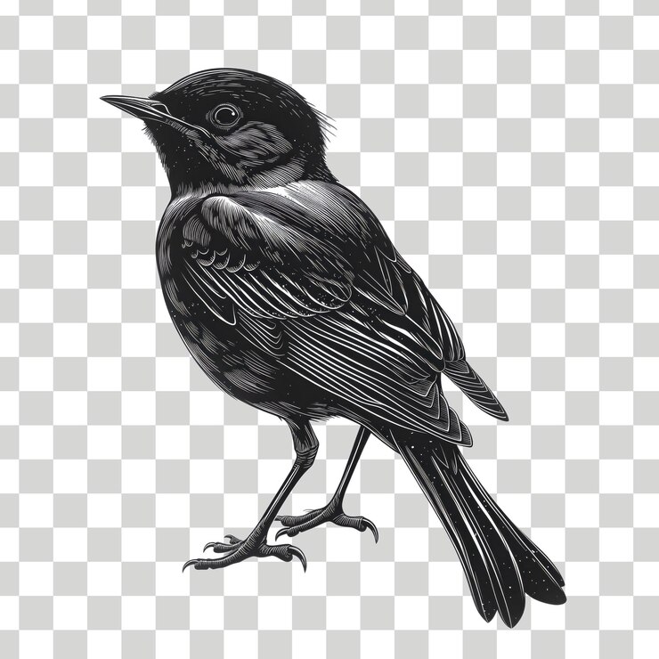un dibujo de un pájaro con plumas de cola negra en un fondo a cuadros