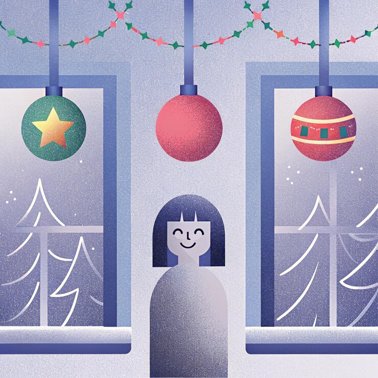 PSD un dibujo de una persona en una habitación con un árbol de navidad y una ventana