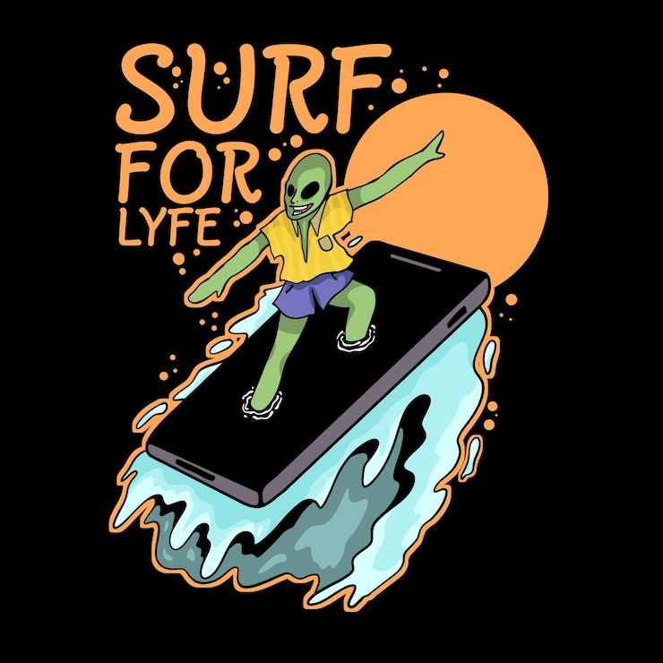 PSD un dibujo de una persona en un teléfono celular que dice surf para la vida