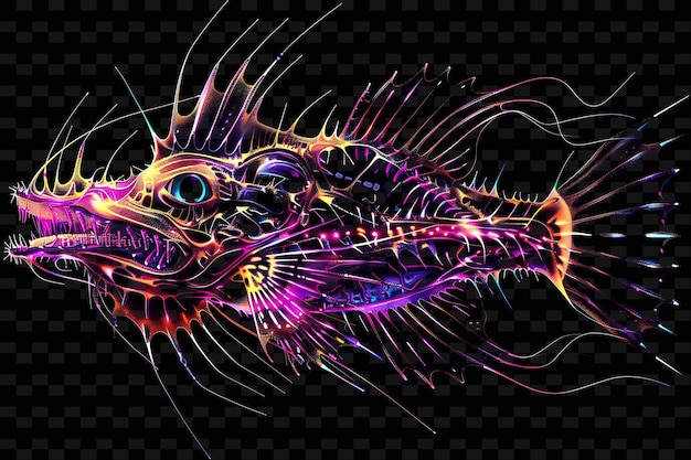 PSD un dibujo de un pez con una cabeza púrpura y la palabra 