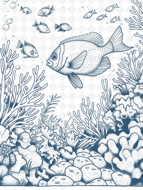 Un dibujo de un pez y un coral con las palabras peces nadando debajo de él