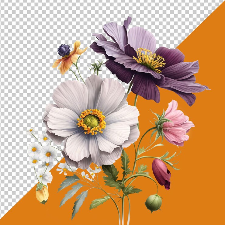 Dibujo PSD de flores y hojas en un fondo transparente