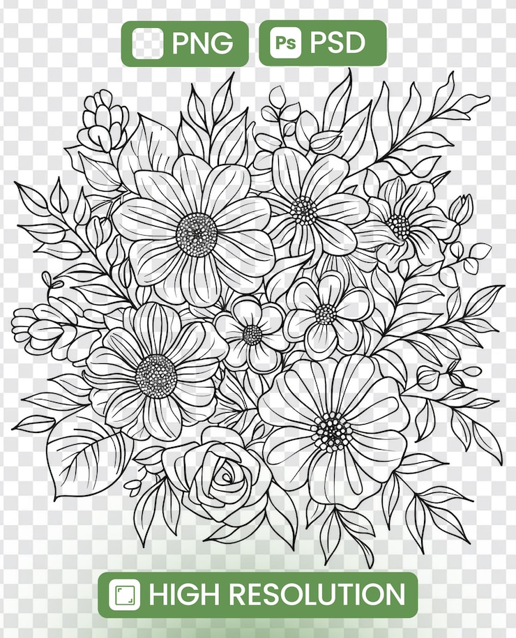 PSD un dibujo de un ramo de flores con una variedad de flores