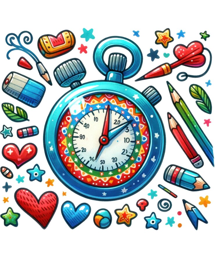 PSD un dibujo de un reloj de bolsillo azul con las palabras " hora de las 5 00 "