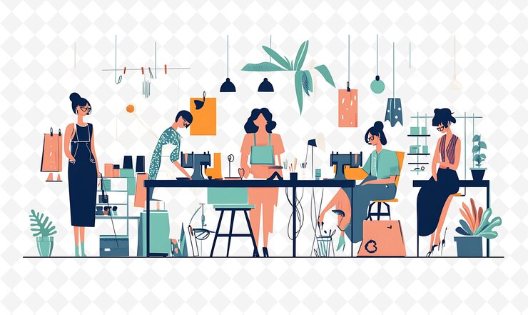 PSD un dibujo de un restaurante con una mujer y una mujer en un vestido verde