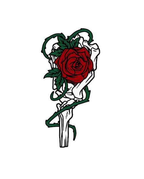 un dibujo de una rosa roja con hojas verdes