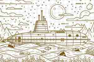 PSD un dibujo de un submarino en el océano con una luna en el fondo