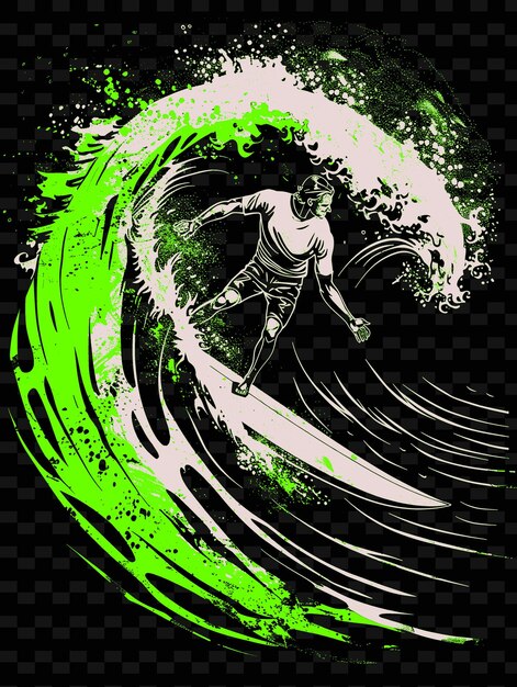 PSD un dibujo de un surfista en un fondo verde y negro con una ola verde en el medio