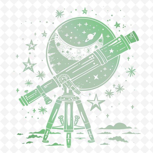 PSD un dibujo de un telescopio con estrellas y una luna en él