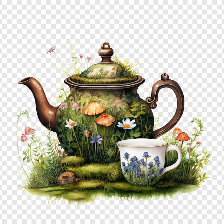 PSD un dibujo de una tetera y una tetera con flores y una taza de té