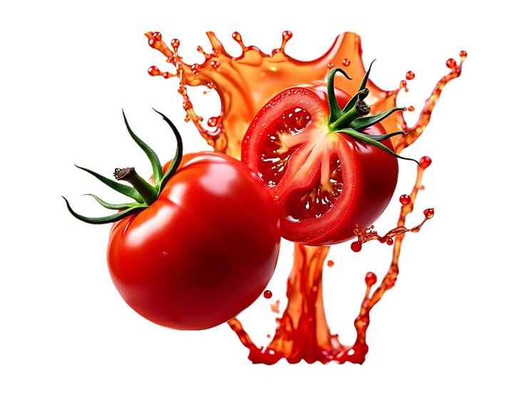 PSD un dibujo de un tomate con agua salpicando sobre él