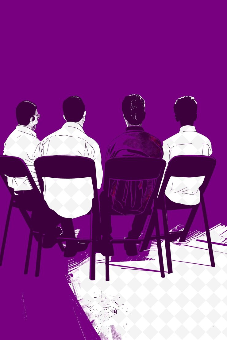 PSD un dibujo de tres hombres sentados en una fila con uno de ellos vistiendo un traje