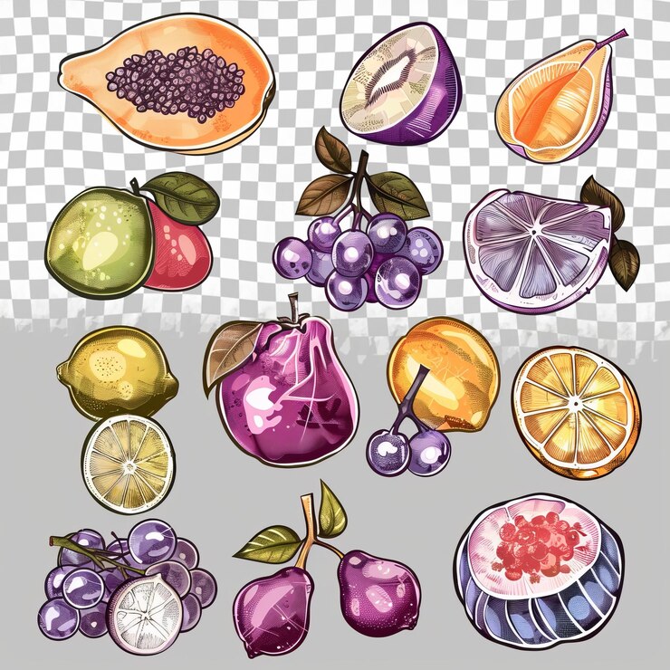 PSD un dibujo de varias frutas, incluidas las uvas kiwi y kiwi