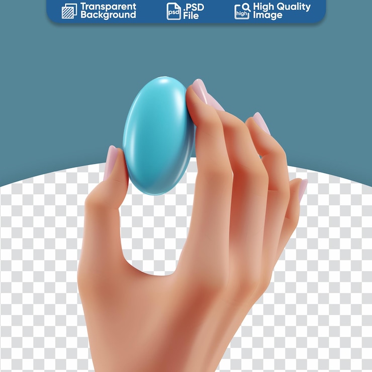PSD dibujos animados en 3d que muestran una mano linda sosteniendo una píldora azul en una ilustración simple