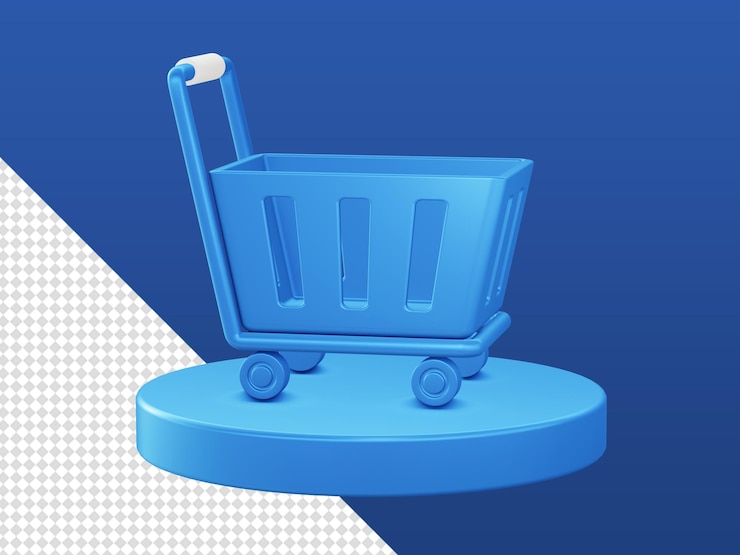 PSD dibujos animados en 3d que representan iconos de carrito de compras brillantes con podio para diseños de aplicaciones móviles web ui ux