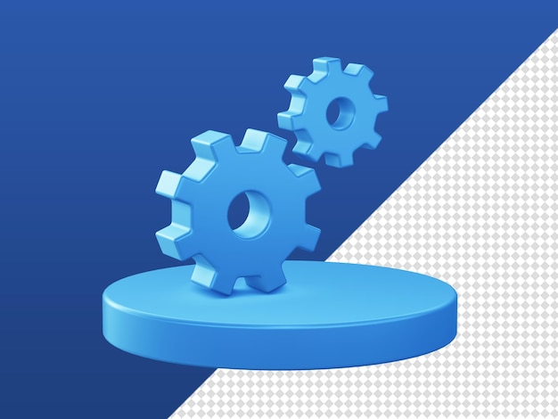 Dibujos animados en 3D que representan iconos de configuración de engranajes brillantes con podio para diseños de aplicaciones móviles web UI UX