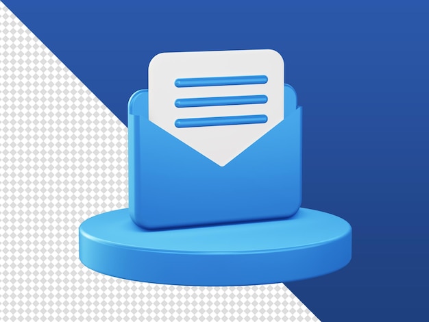 Dibujos animados en 3D que representan iconos de correo de bandeja de entrada brillantes con podio para diseños de aplicaciones móviles web UI UX