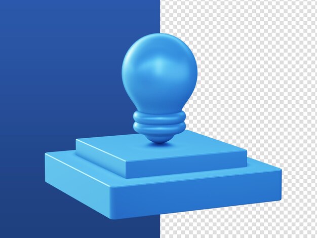 Dibujos animados en 3d que representan iconos de ideas de bombillas azules con podio para diseños de anuncios de aplicaciones móviles web ui ux