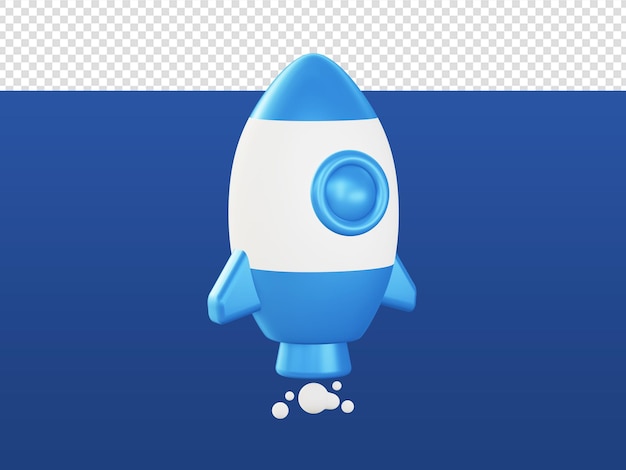 Dibujos animados en 3D que representan iconos de lanzamiento de cohetes espaciales azules para diseños de anuncios de aplicaciones móviles web UI UX
